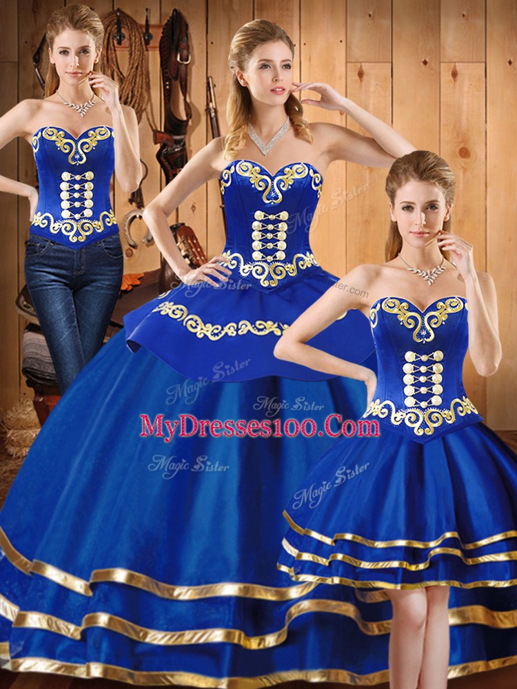 Blue Sleeveless Embroidery Floor Length Quinceanera Dresses