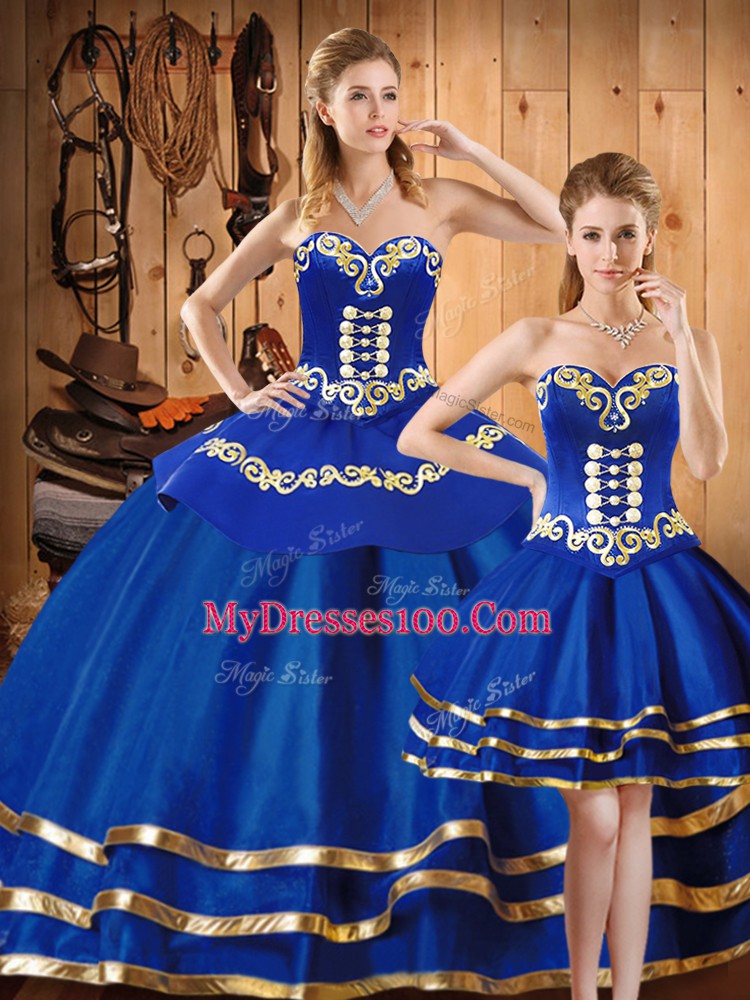 Blue Sleeveless Embroidery Floor Length Quinceanera Dresses