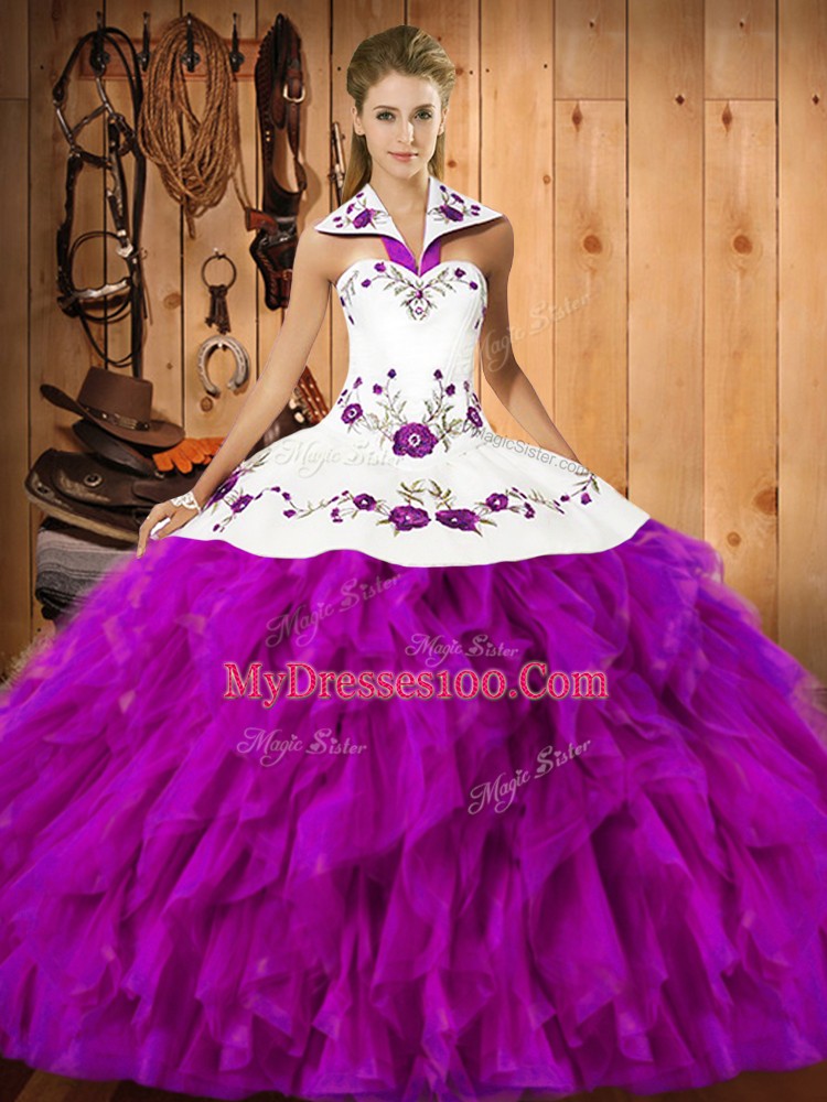 Fuchsia Ball Gowns Embroidery and Ruffles Quince Ball Gowns Lace Up Satin and Organza Sleeveless Floor Length