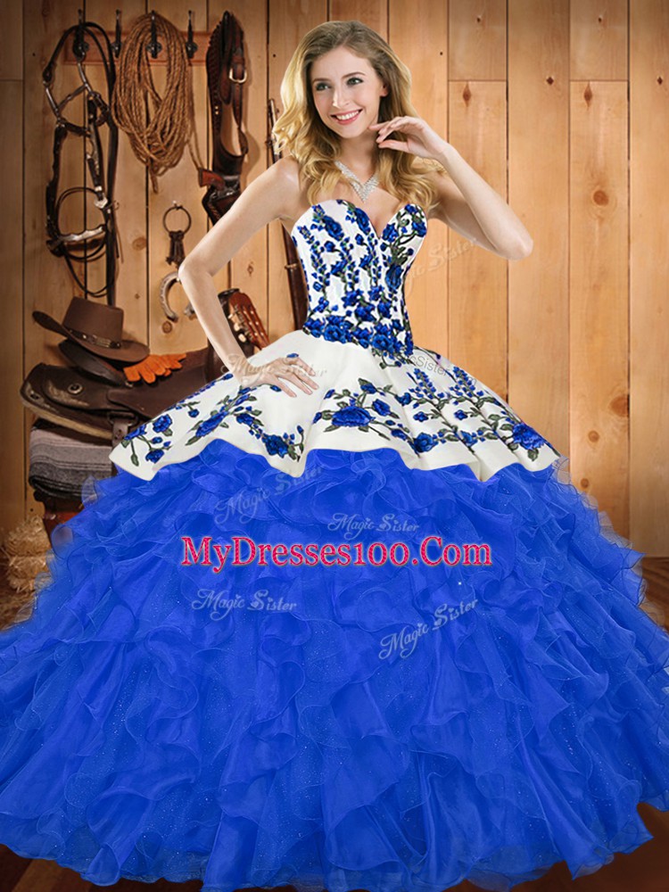 Artistic Ball Gowns Sweet 16 Dress Blue Sweetheart Satin and Organza Sleeveless Floor Length Lace Up