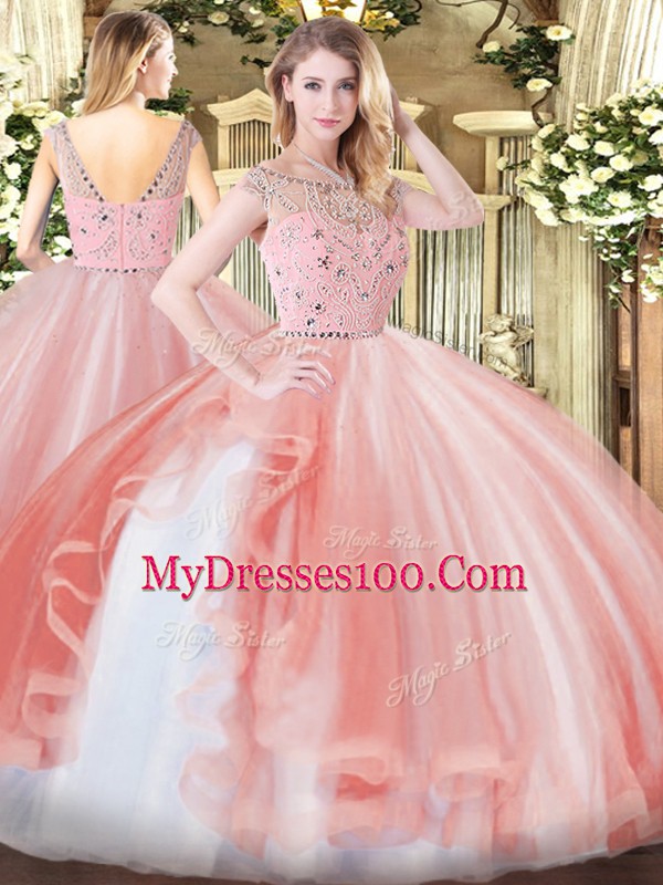 Noble Sleeveless Floor Length Beading and Ruffles Zipper Quinceanera Dress with Peach