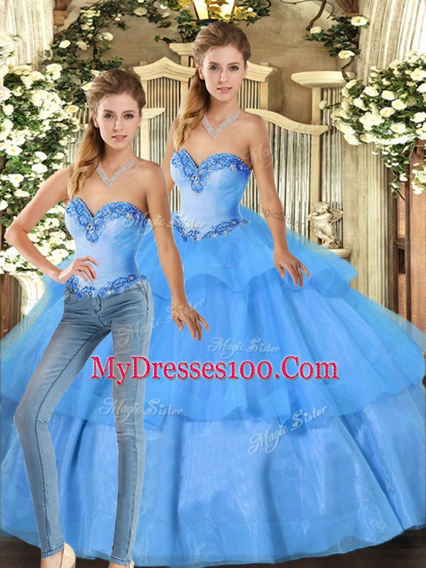 Sleeveless Floor Length Beading and Ruffled Layers Lace Up Sweet 16 Dresses with Baby Blue