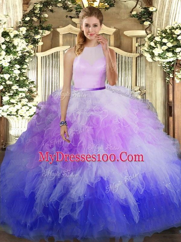 Affordable Tulle High-neck Sleeveless Backless Ruffles Quinceanera Dress in Multi-color