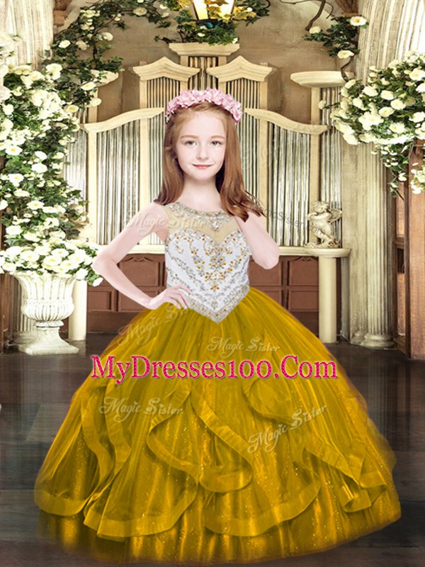 Beauteous Brown Scoop Neckline Beading and Ruffles Pageant Gowns For Girls Sleeveless Zipper