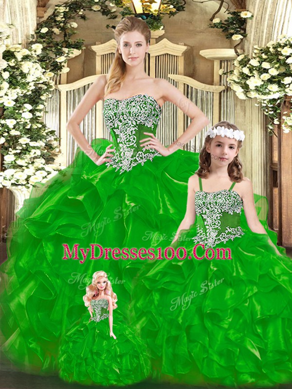 Fashionable Green Ball Gowns Beading and Ruffles Quinceanera Dress Lace Up Organza Sleeveless Floor Length