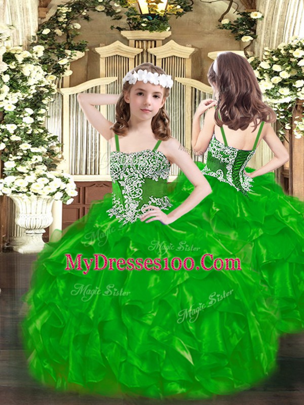 Fashionable Green Ball Gowns Beading and Ruffles Quinceanera Dress Lace Up Organza Sleeveless Floor Length