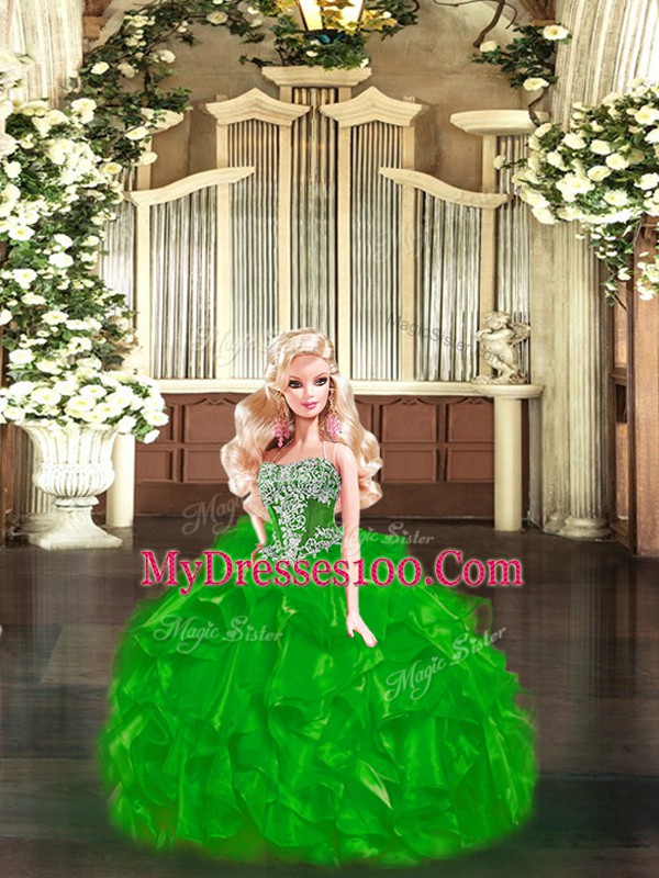 Fashionable Green Ball Gowns Beading and Ruffles Quinceanera Dress Lace Up Organza Sleeveless Floor Length