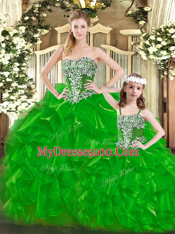 Fashionable Green Ball Gowns Beading and Ruffles Quinceanera Dress Lace Up Organza Sleeveless Floor Length