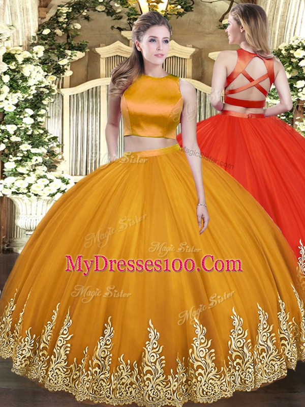Orange Tulle Criss Cross Sweet 16 Dresses Sleeveless Floor Length Appliques