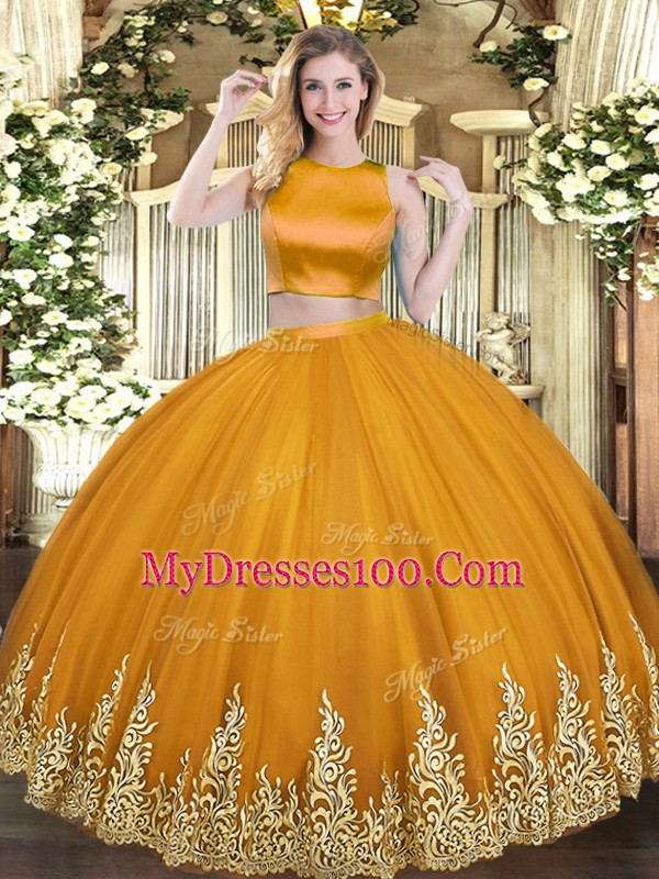 Orange Tulle Criss Cross Sweet 16 Dresses Sleeveless Floor Length Appliques