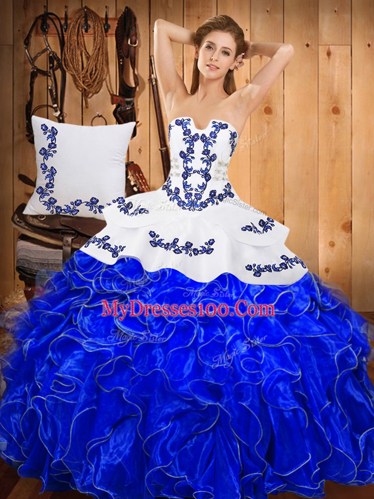 Blue And White Satin and Organza Lace Up Strapless Sleeveless Floor Length Sweet 16 Quinceanera Dress Embroidery and Ruffles