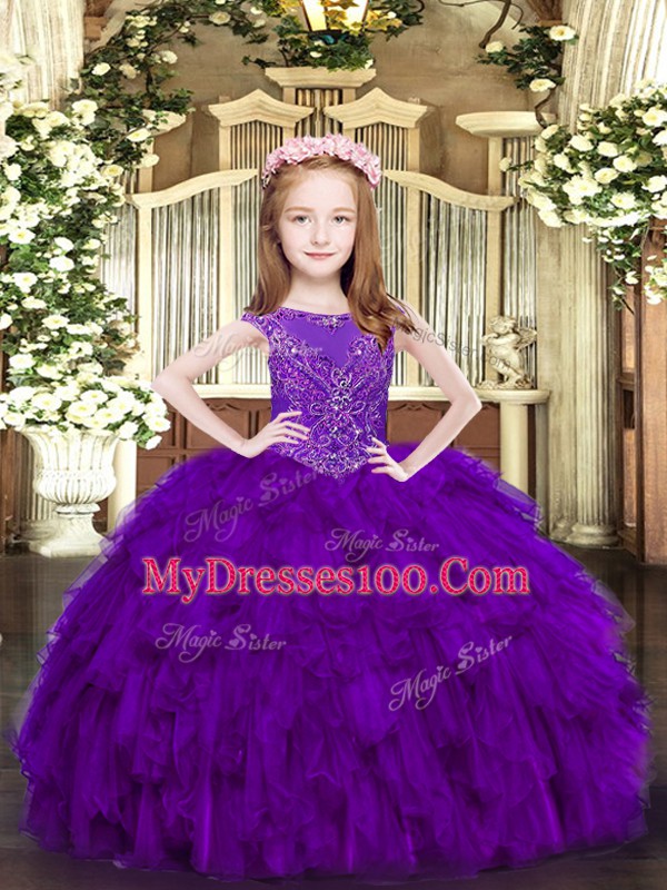 Excellent Purple Ball Gowns Beading and Ruffles Little Girls Pageant Dress Wholesale Zipper Organza Sleeveless Floor Length