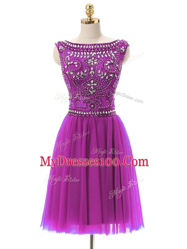 Admirable Sleeveless Tulle Mini Length Zipper Prom Party Dress in Fuchsia with Beading