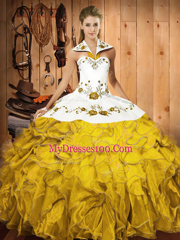 On Sale Sleeveless Floor Length Embroidery and Ruffles Lace Up Sweet 16 Quinceanera Dress with Gold