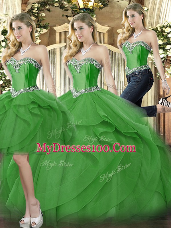 Green Sweet 16 Dresses Military Ball and Sweet 16 and Quinceanera with Beading and Ruffles Sweetheart Sleeveless Lace Up