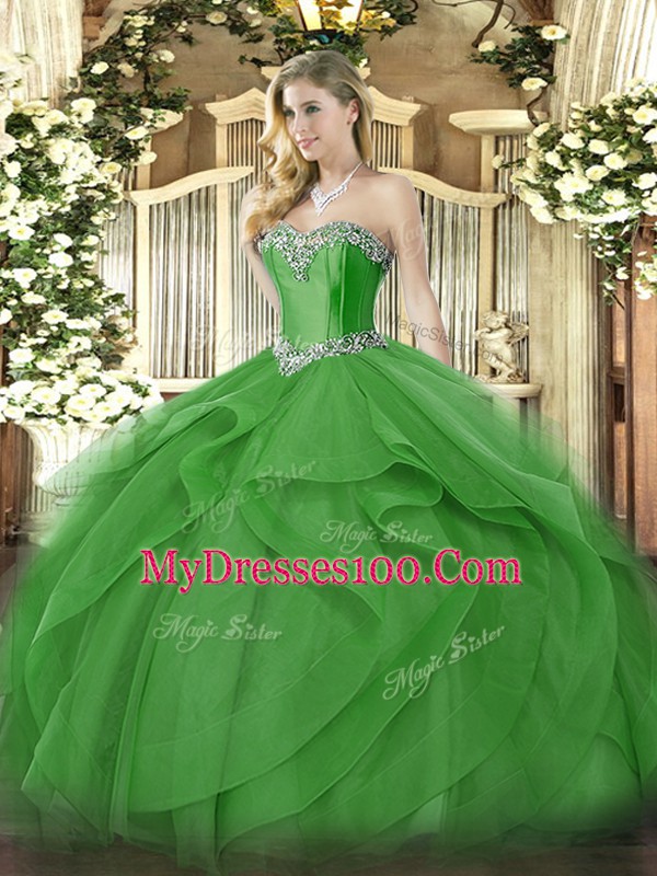Green Sweet 16 Dresses Military Ball and Sweet 16 and Quinceanera with Beading and Ruffles Sweetheart Sleeveless Lace Up