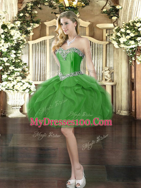 Green Tulle Lace Up Sweetheart Sleeveless Mini Length Prom Evening Gown Beading and Ruffles