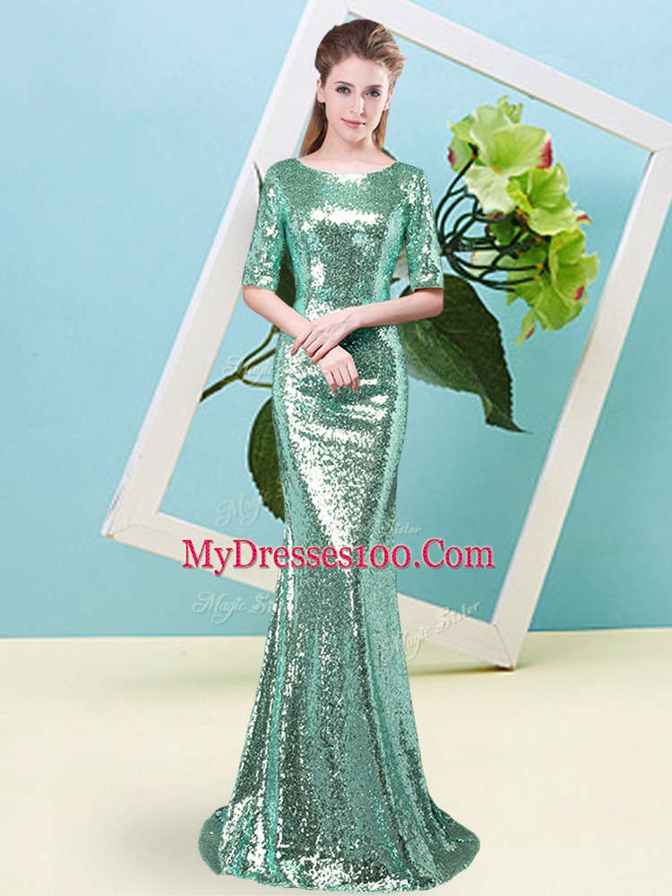 Extravagant Turquoise Sequined Zipper Scoop Half Sleeves Floor Length Military Ball Dresses For Women Sequins
