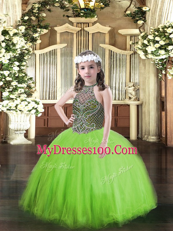 Charming Lace Up Halter Top Beading Little Girl Pageant Dress Tulle Sleeveless