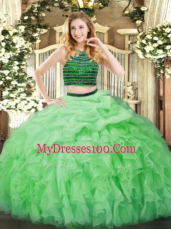 Fantastic Apple Green Sleeveless Beading and Ruffles Floor Length Sweet 16 Dresses