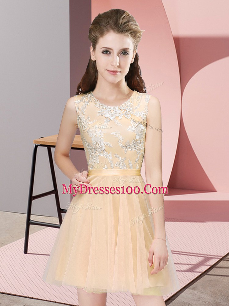 Customized Champagne Scoop Neckline Lace Quinceanera Dama Dress Sleeveless Side Zipper