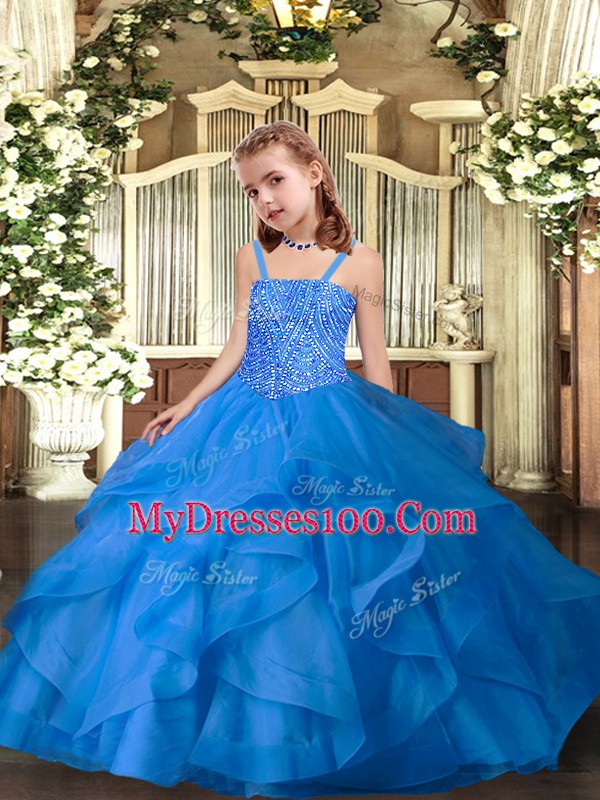 Blue Sleeveless Organza Lace Up Little Girl Pageant Gowns for Party and Sweet 16 and Quinceanera and Wedding Party