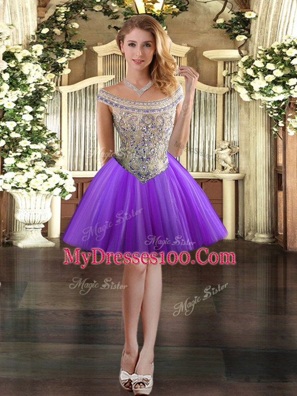 Fantastic Eggplant Purple Off The Shoulder Neckline Beading Cocktail Dresses Sleeveless Lace Up