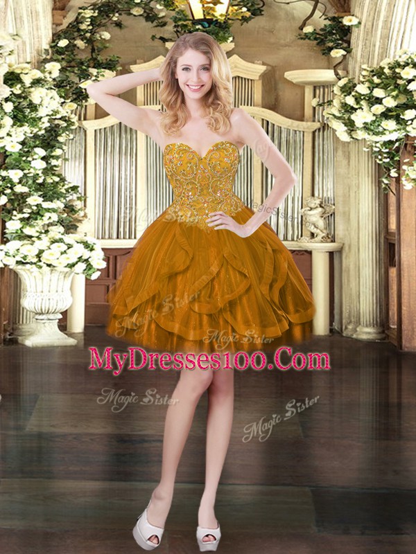 Sweetheart Sleeveless Club Wear Mini Length Beading and Ruffles Brown Tulle
