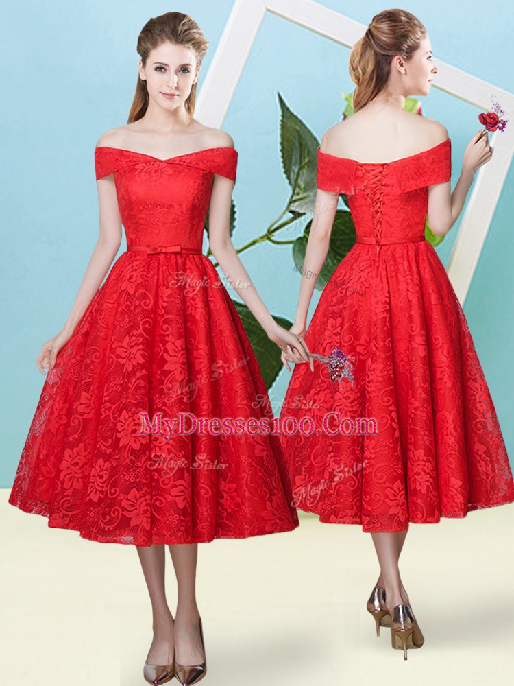 Clearance Cap Sleeves Tea Length Bowknot Lace Up Dama Dress with Red