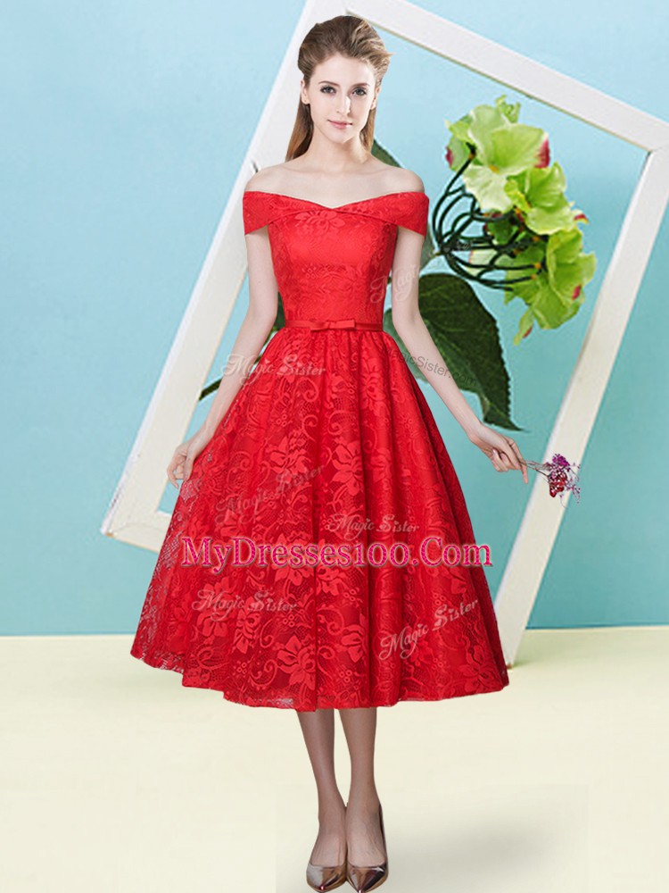 Clearance Cap Sleeves Tea Length Bowknot Lace Up Dama Dress with Red
