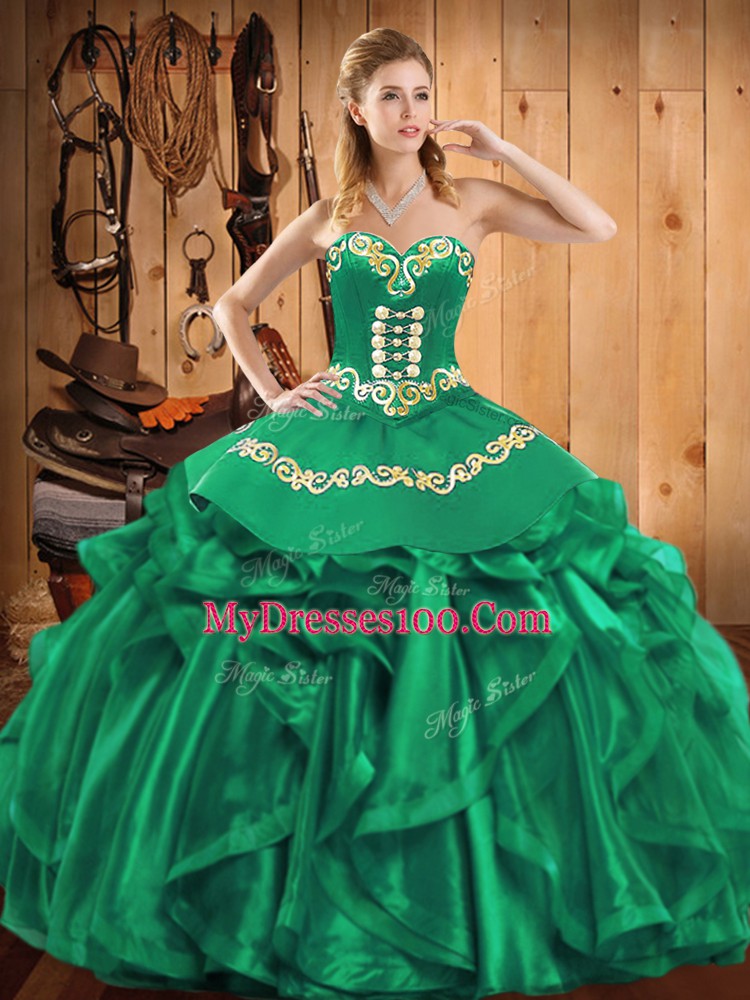 Best Selling Ball Gowns Sweet 16 Dresses Green Sweetheart Organza Sleeveless Floor Length Lace Up