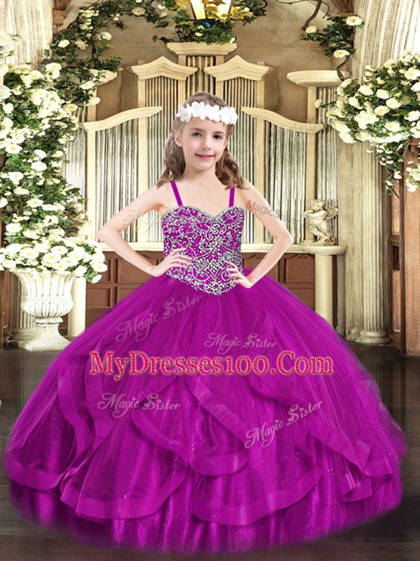 Best Floor Length Fuchsia Kids Formal Wear Tulle Sleeveless Beading and Ruffles