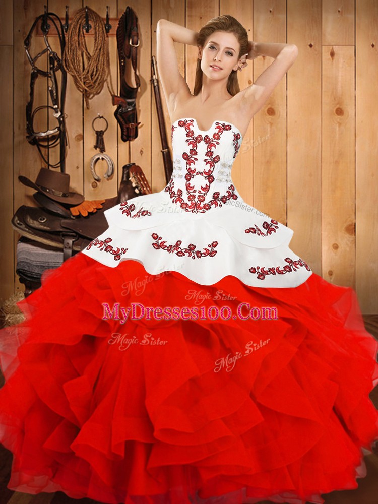 Elegant Strapless Sleeveless 15th Birthday Dress Floor Length Embroidery and Ruffles White And Red Satin and Organza