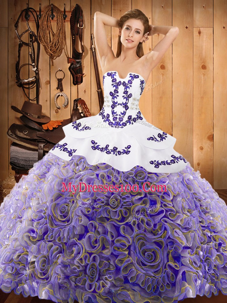 Fitting Multi-color Lace Up Quinceanera Dresses Embroidery Sleeveless With Train Sweep Train