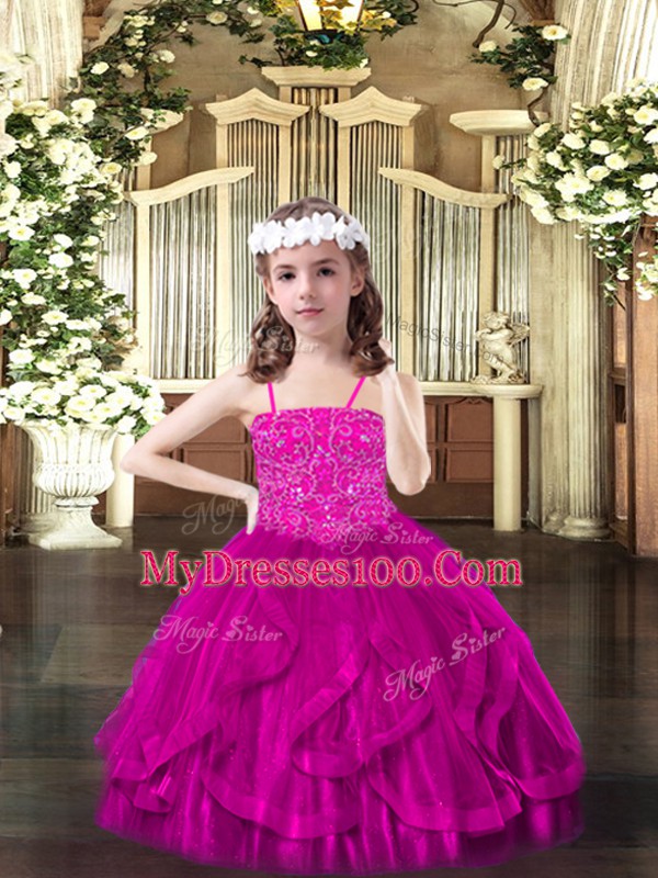 Customized Tulle Sleeveless Floor Length Pageant Dress for Teens and Beading and Ruffles