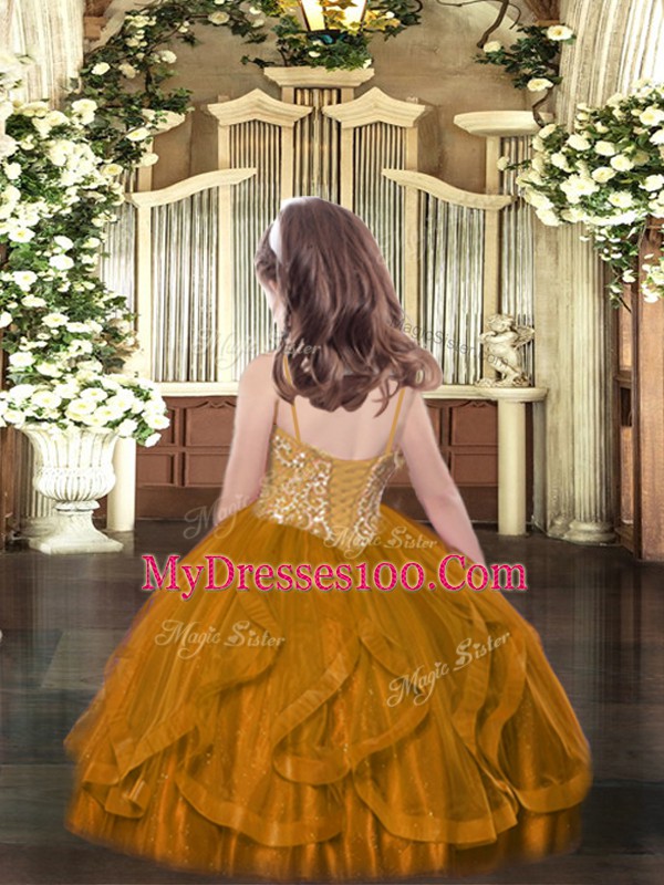 Customized Tulle Sleeveless Floor Length Pageant Dress for Teens and Beading and Ruffles