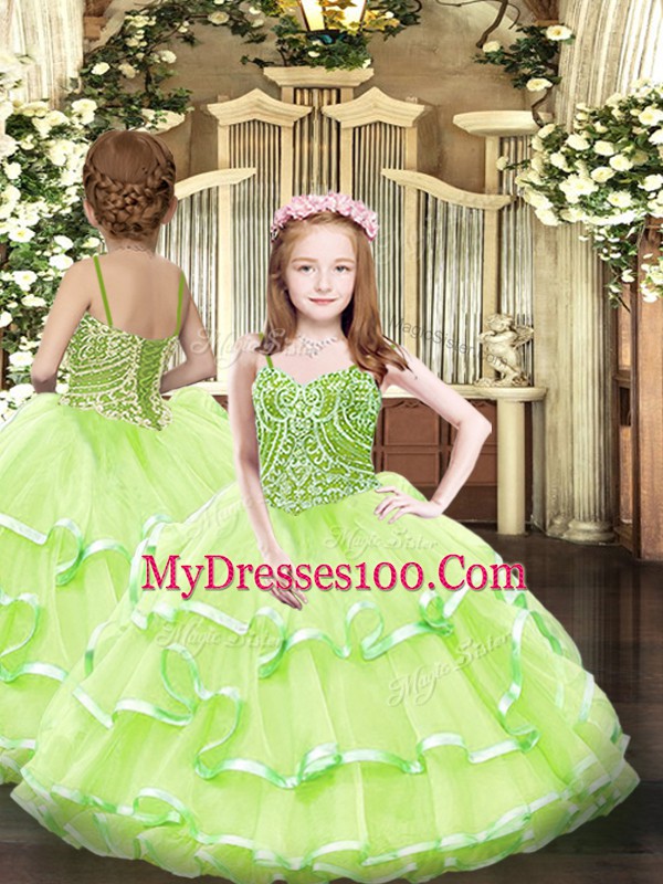 Straps Sleeveless Lace Up Girls Pageant Dresses Yellow Green Organza