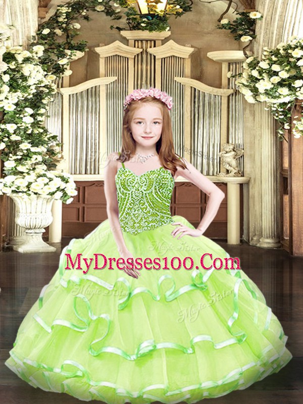 Straps Sleeveless Lace Up Girls Pageant Dresses Yellow Green Organza