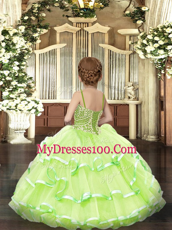Straps Sleeveless Lace Up Girls Pageant Dresses Yellow Green Organza