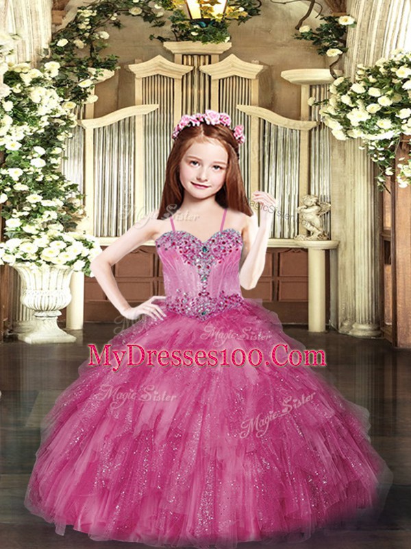 Excellent Beading and Ruffles Kids Formal Wear Hot Pink Lace Up Sleeveless Floor Length