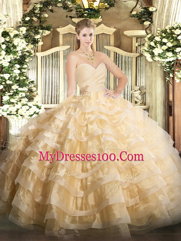 Sumptuous Champagne Lace Up 15 Quinceanera Dress Beading and Ruffled Layers Sleeveless Floor Length