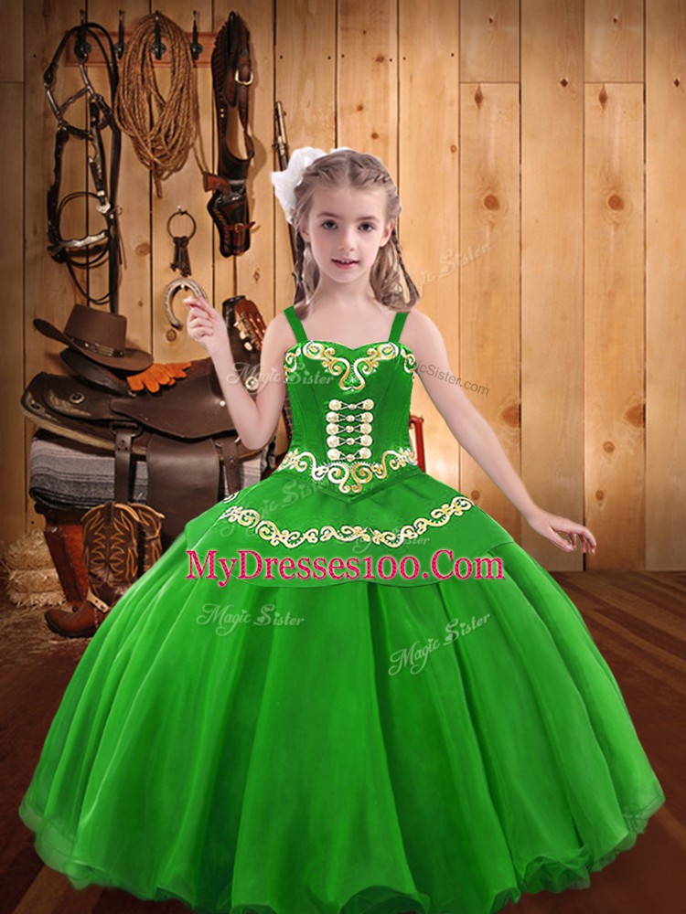 Green Lace Up Pageant Gowns For Girls Embroidery Sleeveless Floor Length