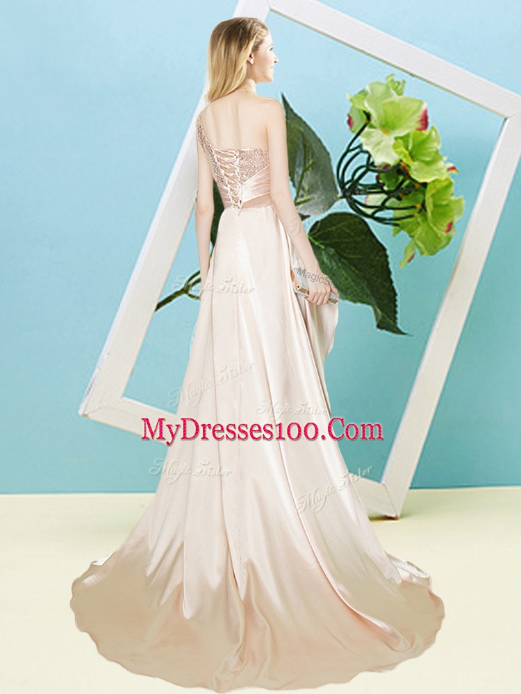 Flare Light Blue Elastic Woven Satin and Sequined Lace Up One Shoulder Sleeveless High Low Prom Dress Sequins
