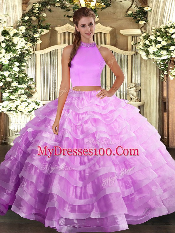 Glittering Lilac Two Pieces Beading and Ruffled Layers Sweet 16 Dresses Backless Organza Sleeveless Floor Length