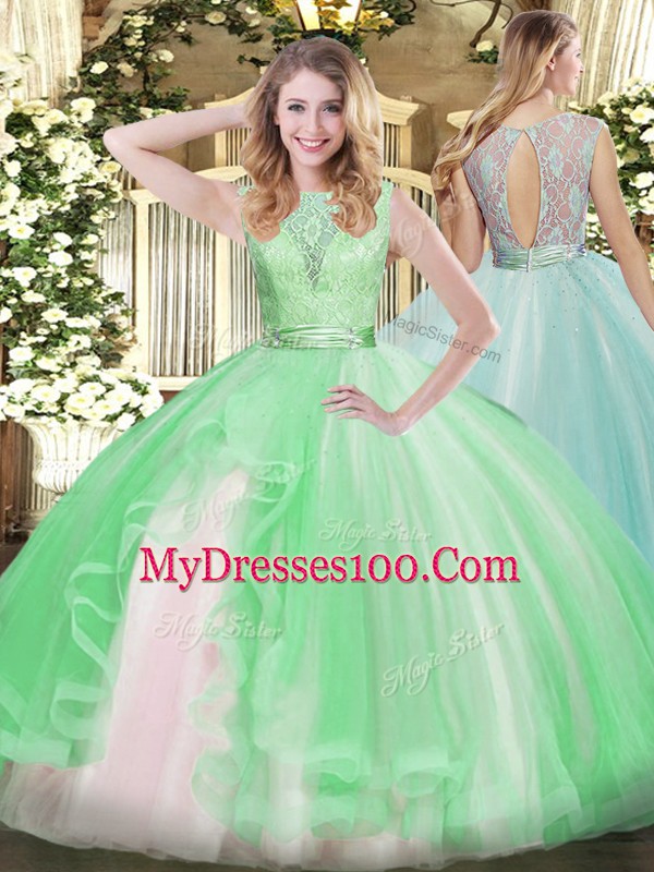 Beauteous Floor Length Backless Vestidos de Quinceanera Apple Green for Military Ball and Sweet 16 and Quinceanera with Lace and Ruffles