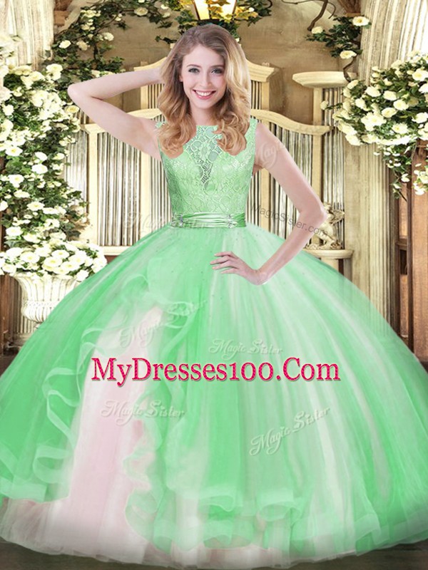 Beauteous Floor Length Backless Vestidos de Quinceanera Apple Green for Military Ball and Sweet 16 and Quinceanera with Lace and Ruffles