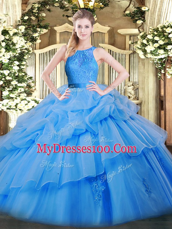 Inexpensive Floor Length Baby Blue 15 Quinceanera Dress Scoop Sleeveless Zipper