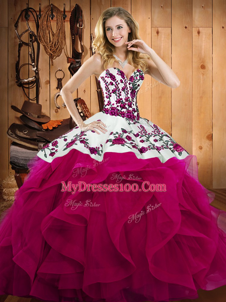 Customized Fuchsia Sweetheart Neckline Embroidery Sweet 16 Dress Sleeveless Lace Up