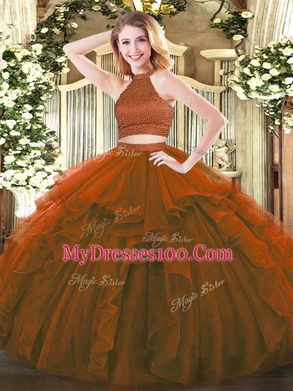 Tulle Halter Top Sleeveless Backless Beading and Ruffles 15 Quinceanera Dress in Brown