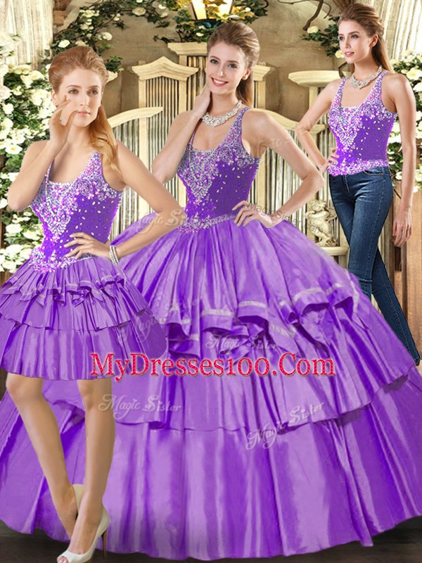 Ruffled Layers Quinceanera Gowns Eggplant Purple Lace Up Sleeveless Floor Length
